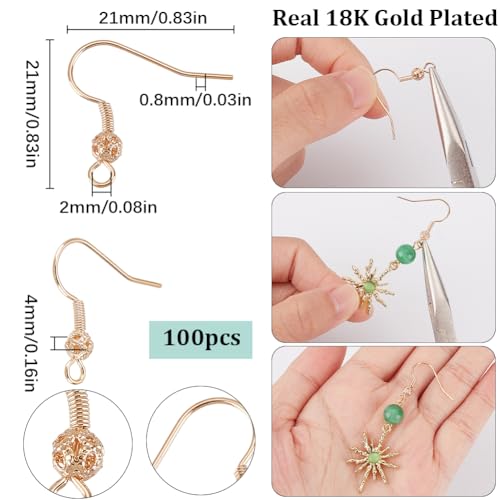 SUNNYCLUE 1 Box 100Pcs Real 18K Gold Plated Brass Earring Hooks Hypoallergenic Earring Findings Fish Hook Ear Wires with Filigree Round Ball French Earring Hook for Jewelry Making Supplies Women - color: 100pcs 18k Gold Plated Earring Hooks With Filigree