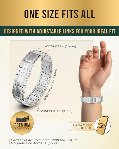 MagnetRX® 3X Strength Mens Magnetic Bracelet – Titanium Magnetic Bracelets for Men – Premium Fold–over Clasp & Adjustable Length with Sizing Tool & Gift Box (Silver) - color: Silver (3X Strength)