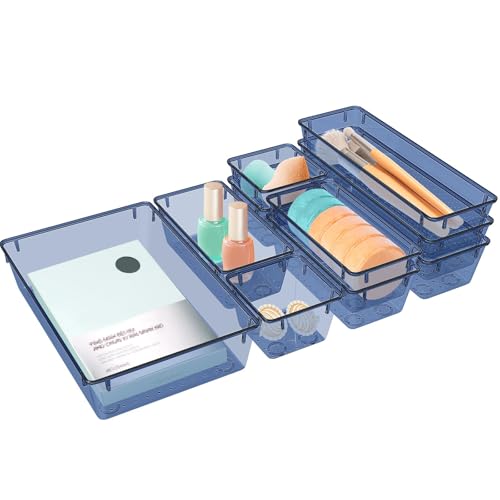StorMiracle 10 PCS Drawer Organizer Set, 5 Varied Size Bathroom and kitchen Drawer cabinet organizer Trays, Clear Storage Bins for Makeup, Jewelry, Utensils and Gadgets, Dark Blue - color: Dark Blue, size: 10 PCS