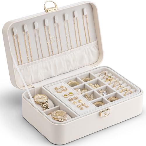 VLANDO 2 Layer Jewelry Box,Jewelry Organizer Storage Lockable Earring Organizer Removable Jewelry Tray with Watch Pillow for Neckable Ring Bracelets-Cream White - color: 02.Cream White-Pillow