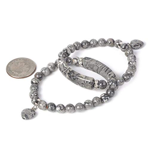 Justinstones Gem Semi Precious Gemstone Love Heart Charm Stretch Beaded Bracelet Unisex - color: Black Lace Agate
