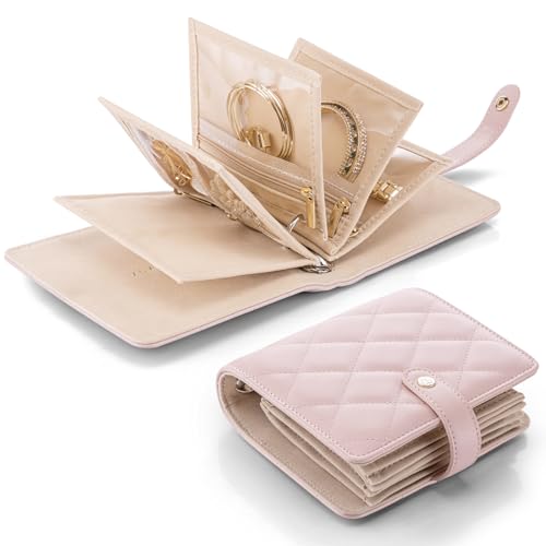VLANDO Travel Jewelry Organizer Case,Travel Gifts for Women,Portable Jewelry Storage Book Ring Binder with Clear Zipper Velvet Jewelry Pouch Bag-Pink - color: Pink