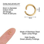 DanLingJewelry 200 pcs 304 Stainless Steel 21 Gauge Open Jump Rings 6mm for Jewelry Making Connectors Jewelry Finding Golden Color - color: 200 pcs - ф6mm δ 0.8mm - Golden