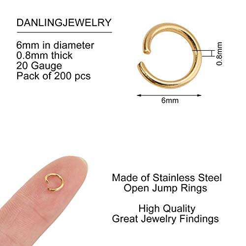DanLingJewelry 200 pcs 304 Stainless Steel 21 Gauge Open Jump Rings 6mm for Jewelry Making Connectors Jewelry Finding Golden Color - color: 200 pcs - ф6mm δ 0.8mm - Golden