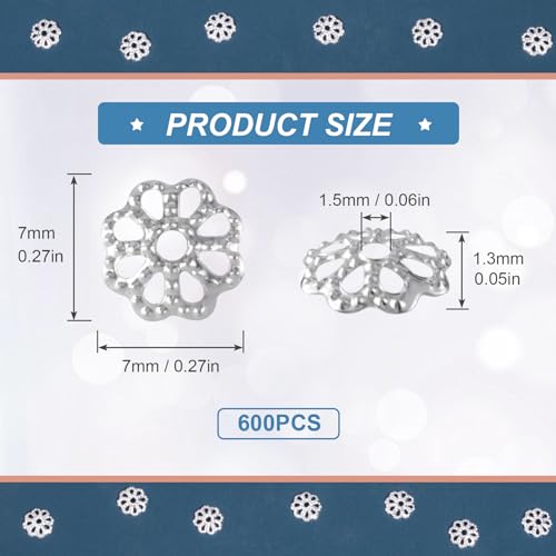 ANCIRS 600pcs 7mm Spacer Beads Caps for Jewelry Making, Metal Flower Bead Caps for Bracelet Necklace- Silver - color: 600pcs silver