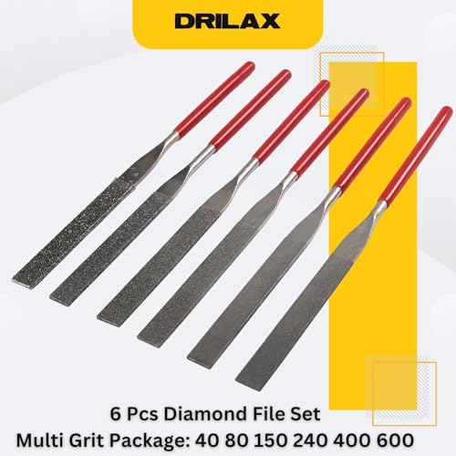 Drilax 6-Pc Diamond File Set, Flat Hand Files (40–600 Grit) Heavy-Duty Diamond Sharpening & Finishing Tools for Glass, Jewelry, Stone, Metal Precision Craft Files for DIY, Workshop & Professional Use