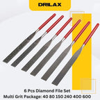 Drilax 6-Pc Diamond File Set, Flat Hand Files (40–600 Grit) Heavy-Duty Diamond Sharpening & Finishing Tools for Glass, Jewelry, Stone, Metal Precision Craft Files for DIY, Workshop & Professional Use