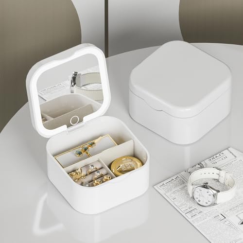 Portable Jewelry Box with LED Mirror, White, 3.5 x 3.5 x 1.8 inches, Travel Size Organizer