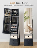 Nicetree Mirror Jewelry Cabinet Standing, Lockable Jewelry Cabinet Armoire with 2 Drawers, Full Length Mirror with Jewelry Storage, Christmas Gifts, Black - color: Black