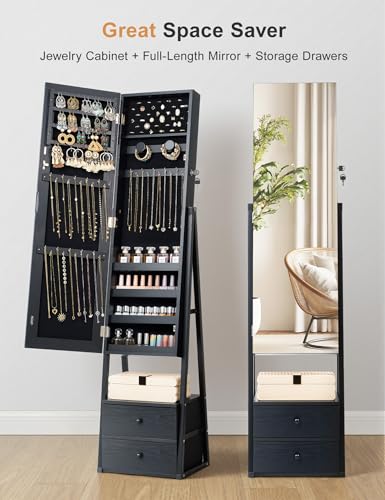 Nicetree Mirror Jewelry Cabinet Standing, Lockable Jewelry Cabinet Armoire with 2 Drawers, Full Length Mirror with Jewelry Storage, Christmas Gifts, Black - color: Black