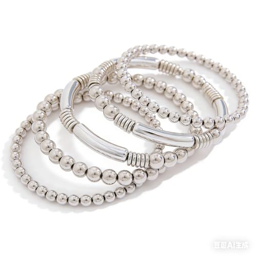 5Pcs Gold Bead Bracelets Set for Women,14K Gold Plated Stackable Bead Ball Bracelets Set,Adjustable Chunky Bangles Bracelets,Boho Stretch Bead Ball Bracelet for Women - color: 5Silver