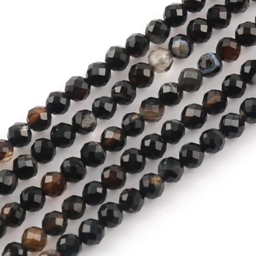 90pcs 4mm Natural Black Striped Agate Gemstone Beads Faceted Round Loose Stone Beads for Jewelry Making (1 Strand) - color: Black Striped Agate, size: 3.7-4.2mm