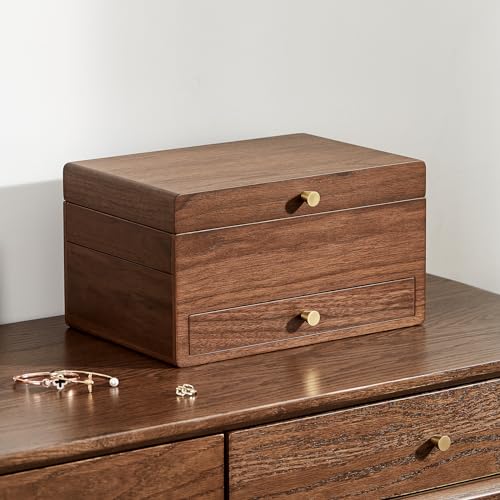 CHOSIN Black Walnut Wooden Jewelry Box for Women, 3 Level Multi-functional Drawer Organizer Box Watch Necklace Ring Earring Storage Mothers Day Gifts for Mom - style: No Mirror