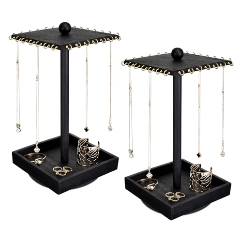 Ikee Design 2 Pcs Set Wooden Rotating Jewelry Display Stand Tower for Shows,Jewelry Organizer for Necklace and Bracelet, Rotating Necklace and Bracelet Holder Organizer, Black Color - color: 5) Black, 2 Pieces