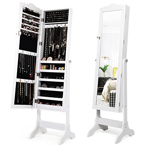 COSTWAY Mirror Jewelry Cabinet, 4-Angle Tilting Jewelry Organizer with Full-length Mirror & Large Storage Capacity, Lockable Standing Jewelry Armoires for Bedroom, Dressing Room (White) - color: White