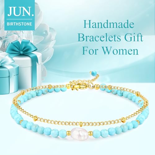 Peridot Stand Silver Gold Bracelets, Handmade Birthstone Stack Bracelet Crystal Gemstones Bead Chain Gift for Women, 8" - color: Gold-Turquoise Pearl