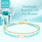Peridot Stand Silver Gold Bracelets, Handmade Birthstone Stack Bracelet Crystal Gemstones Bead Chain Gift for Women, 8" - color: Gold-Turquoise Pearl