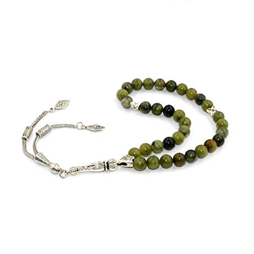 Simple Designed Natural Stone Worry Beads (8mm -33 Beads) - Prayer Beads Tesbih-Tasbih-Tasbeeh-Misbaha-Subha-Sebha-Sibha-Rosary (Green Jade Stone) - color: Green Jade Stone