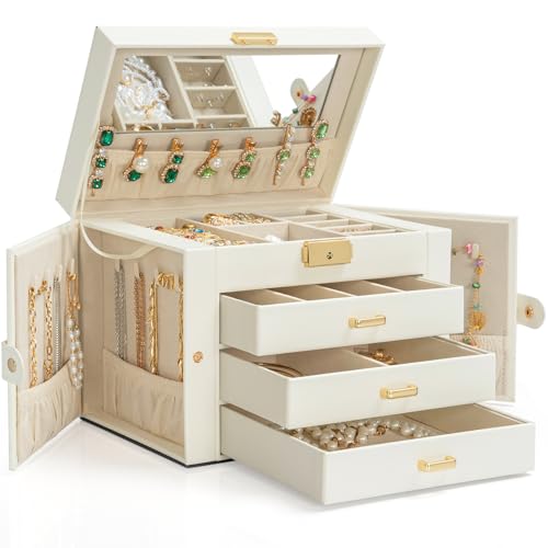 AKOZLIN Large 4-Tier Jewelry Box Leather Jewelry Storage Organizer with 3 Drawers Lockable for Women Girls Ring Necklace Earring Bracelet Watches Holder with Mirror White - color: White-gold, size: Large-4 Layer