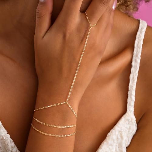 CHESKY 14K Gold Plated Hand Chain Bracelets for Women Set - Dainty Finger Ring Bracelet Stack Adjustable Hand Chains Durable Beaded Bracelets Trendy Simple Body Jewelry Gift for Women - style: 3Square bracelet-gold