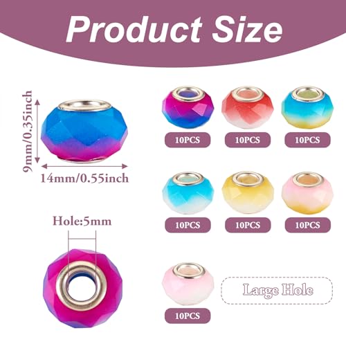 14mm 70pcs Glass European Beads: 7 Colors, Round, Craft Beads for DIY Jewelry Making - color: 70pcs- Gradient