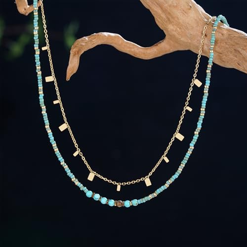 Plumiss Boho Handmade Natural Jasper Stone Beaded Crystal Mixed Strand Short Necklace for Women Girl - color: Turquoise