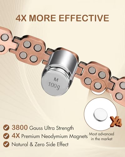 Feraco Pure Copper Bracelets for Women, 4X Ultra Strength Magnetic Bracelet with 3800 Gauss Neodymium Magnets & Dazzling Austrian Cut Crystals Stone, Adjustable Jewelry Gift - style: Radiant Square Shine - Copper