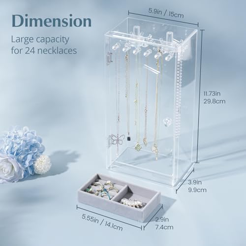 Lolalet Necklace Holder Organizer, Acrylic Jewelry Organizer with 24 Hooks, Rotating Clear Necklaces Display Box, Dust-proof Jewelry Storage Case with Velvet Tray -Clear - color: 2 -Clear