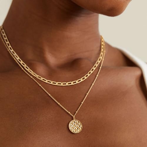 Dremmy Studios Dainty Gold Choker Necklace for Women 14K Gold Plated Coin Disc Figaro Layered Beaded Flat Mariner Sideways Cross Wishbone Link Clavicle Necklaces - style: 3.8mm Flat Chain