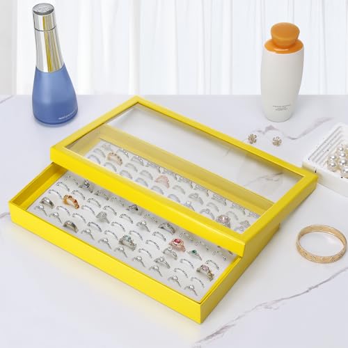 KUKUVR 100 Slots Ring Earring Holder Display Case, Velvet Jewelry Ring Earring Storage Organizer Box Tray with Clear Lid for Women And Selling Show (Yellow) - color: Yellow