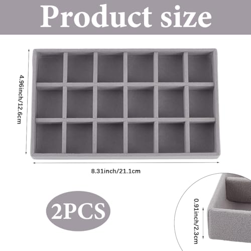2Pcs 5 x 8.3 Inch 18 Grid Jewelry Tray Drawer Insert Velvet Earring Organizer Display Case Storage with Removable Divider Container Box for Rings Watch Necklace Trinket Holder Showcase Gray - style: Gray 18 Grids
