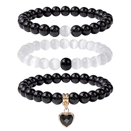 Vinswet Healing Crystal Beaded Bracelets for Women,Natural Amethyst Gemstones Bracelet,Anxiety Stress Relief Heart Charm Bracelet Handmade purple Jewelry Gifts for Women - color: Black agate&Moonstone