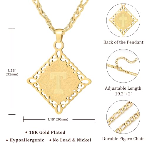 LETFLY Initial Necklaces for Women Men, 18K Gold Plated Letter Cross Pendant Necklace Alphabets A-Z Figaro Chain Jewelry Gifts - color: Rhombic, style: Letter T