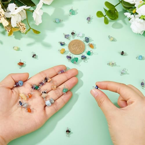 SUPERFINDINGS 84Pcs 7 Colors Gemstone Chip Charms Natural Stone Link Charms Double Loops Connector Antique Silver Stone Charm DIY Jewelry Making for Necklaces Bracelets Anklets