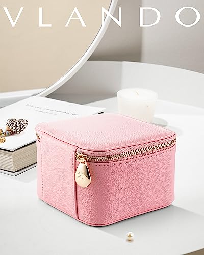 Vlando Travel Jewelry Box for Women,Faux Leather Jewelry Case with 6 Velvet Jewelry Zipper Pockets,Gift Ideas for Women Wife Earrings Necklace Rings Storage Boxes(Strawberry Pink) - color: 6PCS-Strawberry Pink