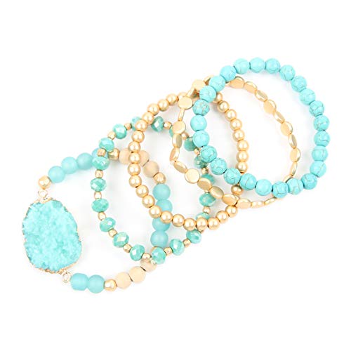 RIAH FASHION Bohemian Acrylic Druzy Multi-Layer Bead Statement Bracelet - Versatile Faux Stone Pendant Stretch Strand Stackable Cuff Bangle Set Sparkly Crystal - color: Acrylic Druzy & Natural Stone Bead Turquoise