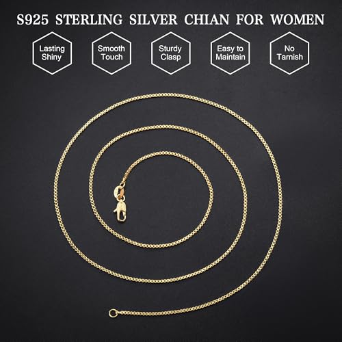 18K Gold Plated 925 Sterling Silver Chain for Women, 1mm Box Chain Dainty Gold Necklace Jewelry Gifts for Women Mom Girlfriend - size: 22 Inches