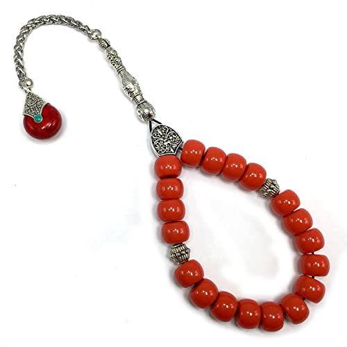 Simple Designed Natural Stone Worry Beads - Prayer Tesbih-Tasbih-Tasbeeh-Misbaha-Subha-Sebha-Sibha-Rosary (Candy Apple Red Resin Drum -13X9 mm- 19 Big Beads) - color: Candy Apple Red Resin Drum -13X9 mm- 19 Big Beads