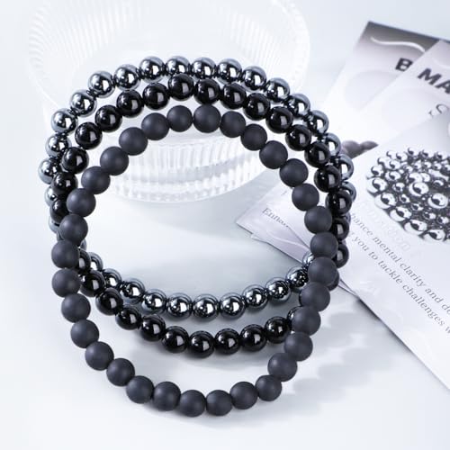 2/3-Pieces 4mm 6mm 8mm Natural Crystal Gemstone – Handmade Reiki Energy Healing Stretch Bracelets Jewelry for Yoga, Meditation, Unisex - color: 3 Pieces (BlackOnyx&Hematite&MatteBlackAgate), size: 6mm