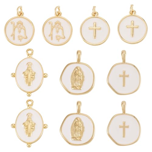 Craftdady Golden Plated Enamel Pendants White Oval Flat Round Dangle Charms for DIY Earrings Necklace Bracelet Making - color: Golden Virgin Mary-5 Styles