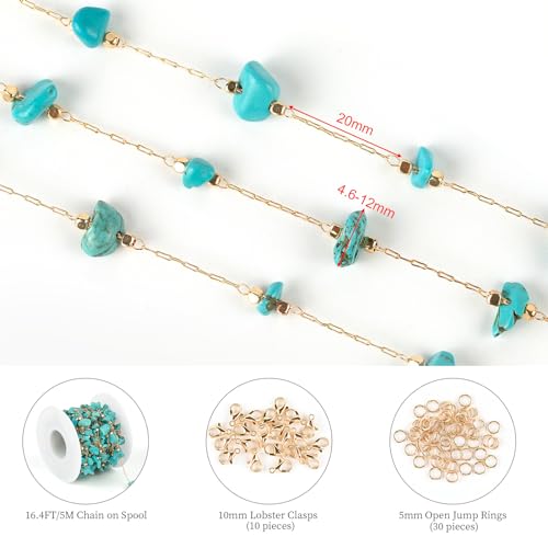 KYUNHOO 16.4 Feet/5M Gold Plated Chains for Jewelry Making Turquoise Blue Natural Stone Chain Spool Brass Necklace Jewelry Bulk for Bracelet Ankle Crafting Finding Supplies - color: Natural Stone-Blue