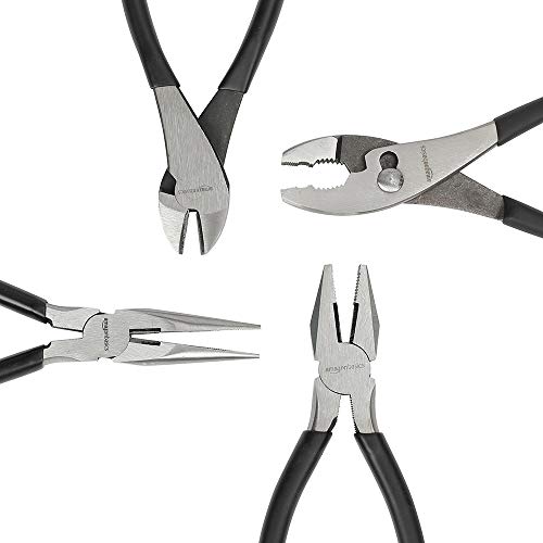Amazon Basics Pliers Set, Hand Tools for Precision, Cutting Wire Cutter with Needle Nose and Diagonal, Quality Tool Set for Home Maintenance, Set of 4, Black and Silver