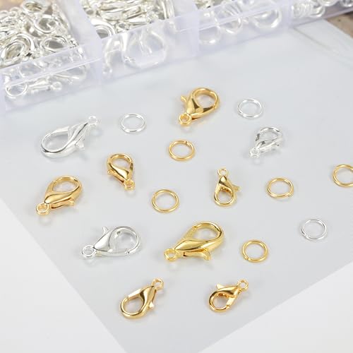 660Pcs Lobster Claw Clasps and Open Jump Rings Set, 4 Sizes of Gold and Silver Jewelry Clasps,Lobster Clasps for Jewelry Making, Keychains and Bracelet