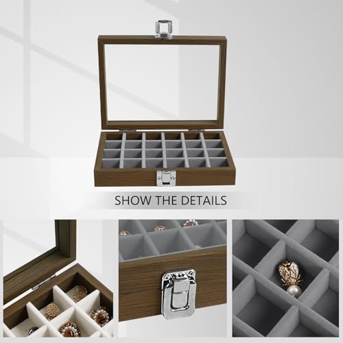 Wudygirl Small Jewelry Box Wooden Jewelry Organizer 24 Grid Ring Holder Earring Box with Lid Earring Holder Organizer for Women Jewelry Display Case Ring Storage for Drawer (Gray) - style: Wood Gray 24 Grid