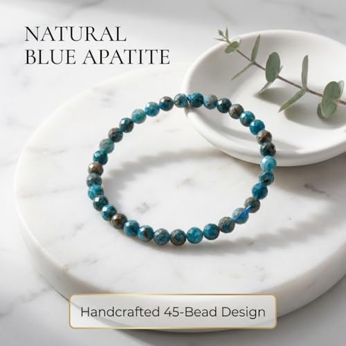 Angelstones Natural Gemstone Small Beaded Stretch Bracelet, 4mm Faceted Round Beads, Crystal Healing Bracelet for Women - color: Blue Apatite