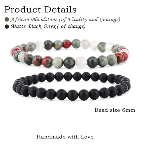 NCB 2.3-Piece 4mm Natural Crystal Gemstone Stretch Bracelets – Handmade Reiki Energy Healing Jewelry for Meditation,Yoga, Unisex - color: 2PCS ( African Bloodstone+Matte Black Agate ), size: 6mm