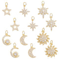 Brass 18k Gold Plated Charms Brass Pave Cubic Zirconia Charms Real 18k Gold Plated Charm Assorted Crystal Sun Star Moon Charm for Bracelet Earring Jewelry Making - size: 13mm
