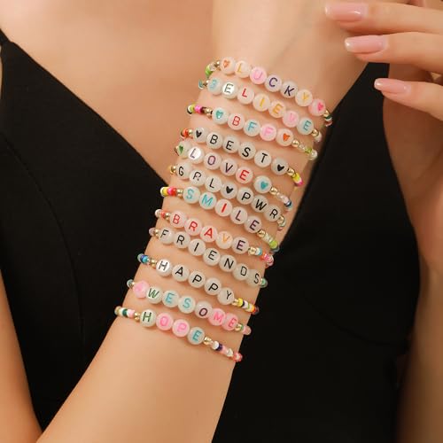 Friendship Bracelets Boho Stackable Bracelets for Women Surfer Heishi Clay Bead Bracelets Stretch Preppy Bracelets Colorful Boho Bracelets for Women - color: 12pcs LUCKY(night light)