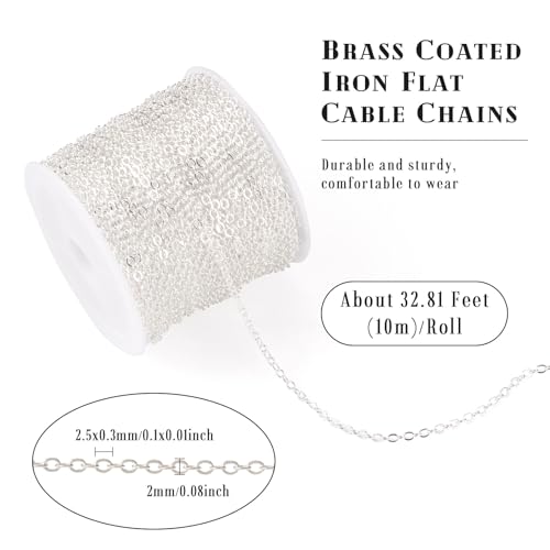 Cheriswelry 32.81Feet/10m Silver Necklace Chain Flat Oval Cross Curb Chain Brass Coated Iron Cable Chain with Spool 2.5x2x0.3mm for DIY Crafts Bracelet Choker Jewelry Making - color: Silver