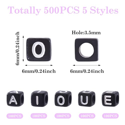 FASHEWELRY 500Pcs Square Vowel Letter Beads 6mm Black Friendship Bracelet Letter Beads A/E/I/O/U Acrylic Cube Initial Alphabet Beads for Necklace Earring Jewelry Making - color: 6mm Vowel Letters